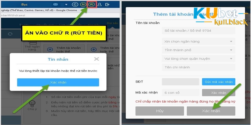 Thiết lập tài khoản ngân hàng trước khi rút tiền Kubet